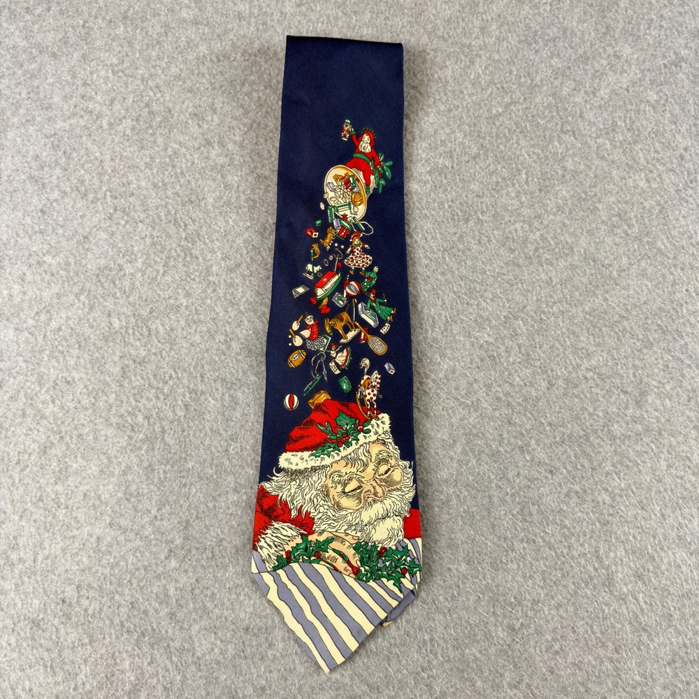 VTG 80s Robert Talbott Nordstrom Silk Tie Navy Blue Santa Claus Christmas 57x4"